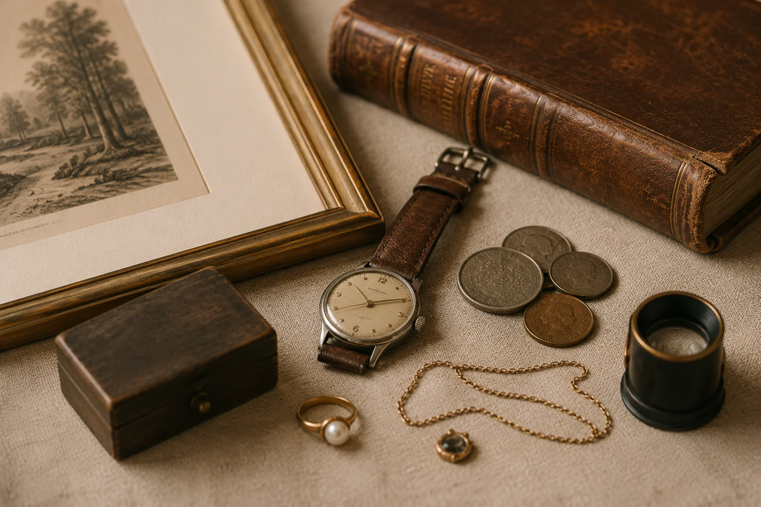 Ausgewählte Gegenstände aus einem Nachlass mit Uhr, Münzen, Schmuck, Buch und Grafik